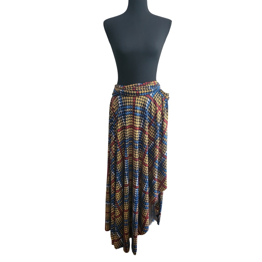 Multi Color Houndstooth Plaid Wrap Maxi Skirt Yellow Red Blue Asymmetrical‎ Tie